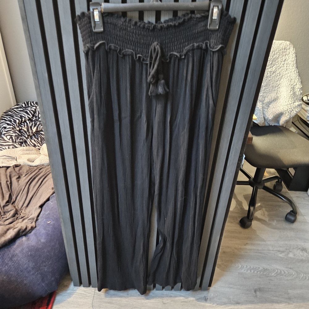 Black Smocked Waist Wide-Leg Pants